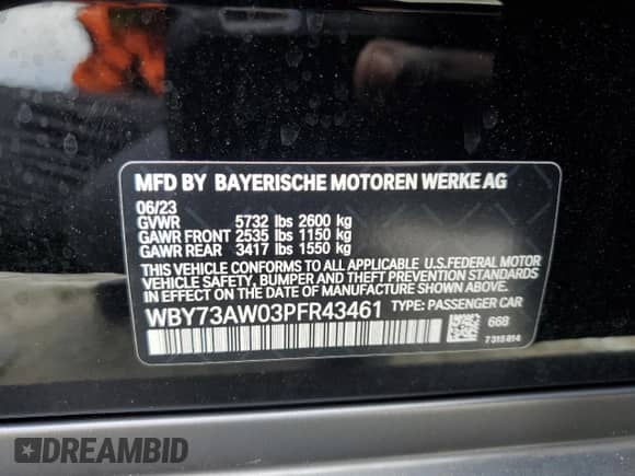 2023 BMW i4 eDrive40 с VIN WBY73AW03PFR43461, выставлен на аукционе Copart как лот 56274855 с пробегом 22 858 миль миль и Списание • Salvage title. История ставок и продаж доступна на DreamBid. Изображение 12.
