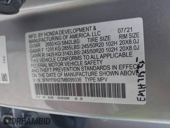 2021 Honda Pilot Special Edition с VIN 5FNYF6H27MB099336, выставлен на аукционе IAAI как лот 43080994 с пробегом 27 423 миль миль и . История ставок и продаж доступна на DreamBid. Изображение 9.