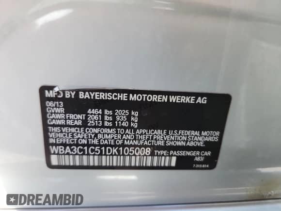 2013 BMW 3 Series 328i with VIN WBA3C1C51DK105008, listed as a Copart auction lot 68286755 with 93,399 mi miles and Salvage title. Bid and sale history available at DreamBid. Image 12.