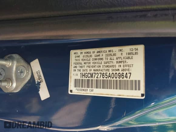 2005 Honda Accord EX z VIN 1HGCM72765A009647, wystawiony jako IAAI lot #42133205 z przebiegiem 261 713 mil mil oraz . Historia ofert i sprzedaży dostępna na DreamBid. Obrazek 9.