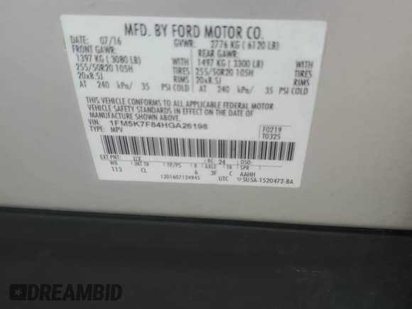 2017 Ford Explorer Limited z VIN 1FM5K7F84HGA26198, wystawiony jako Copart lot #59680335 z przebiegiem 109 336 mil mil oraz Szkoda całkowita • Salvage title. Historia ofert i sprzedaży dostępna na DreamBid. Obrazek 12.