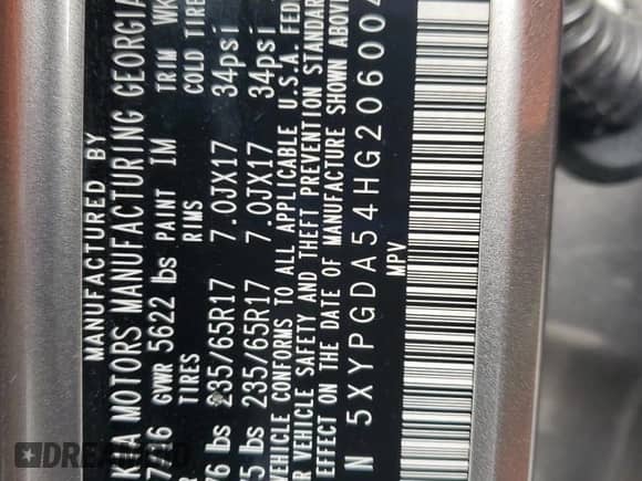 2017 Kia Sorento LX with VIN 5XYPGDA54HG206004, listed as a Copart auction lot 86995905 with 126,114 mi miles and Salvage title. Bid and sale history available at DreamBid. Image 14.