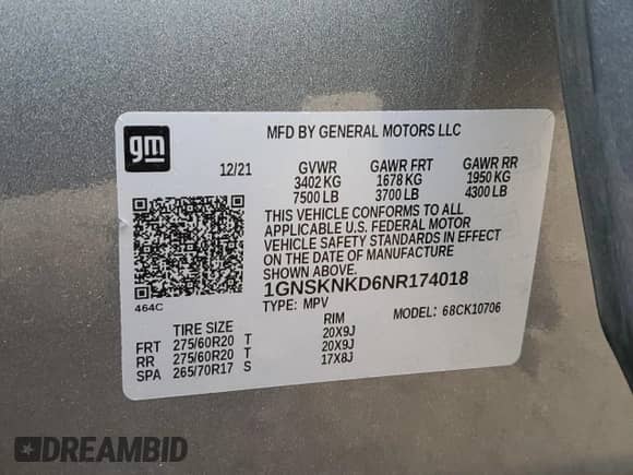 2022 Chevrolet Tahoe LT с VIN 1GNSKNKD6NR174018, выставлен на аукционе Copart как лот 69866445 с пробегом 68 357 миль миль и Списание • Salvage title. История ставок и продаж доступна на DreamBid. Изображение 14.