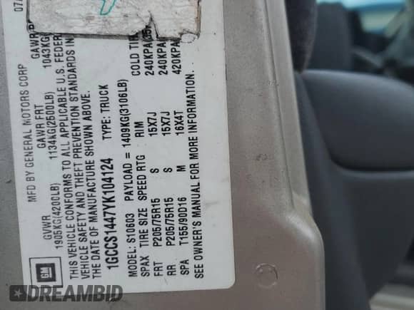 2000 Chevrolet S-10 с VIN 1GCCS1447YK104124, выставлен на аукционе Copart как лот 61206455 с пробегом 251 069 миль миль и Списание • Salvage title. История ставок и продаж доступна на DreamBid. Изображение 12.