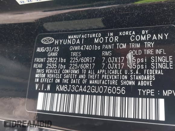 2016 Hyundai Tucson SE с VIN KM8J3CA42GU076056, выставлен на аукционе IAAI как лот 42716721 с пробегом 102 376 миль миль и . История ставок и продаж доступна на DreamBid. Изображение 9.
