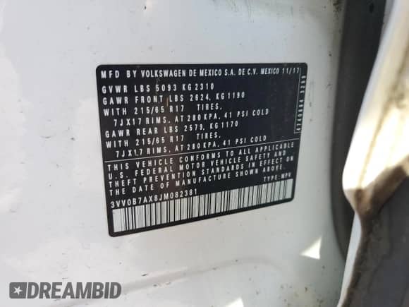 2018 Volkswagen Tiguan S с VIN 3VV0B7AX8JM082381, выставлен на аукционе Copart как лот 70062895 с пробегом 48 293 миль миль и Списание • Salvage title. История ставок и продаж доступна на DreamBid. Изображение 13.