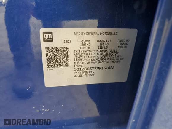 2023 Chevrolet Malibu RS с VIN 1G1ZG5ST7PF151828, выставлен на аукционе Copart как лот 67260615 с пробегом 42 299 миль миль и Списание • Salvage title. История ставок и продаж доступна на DreamBid. Изображение 13.