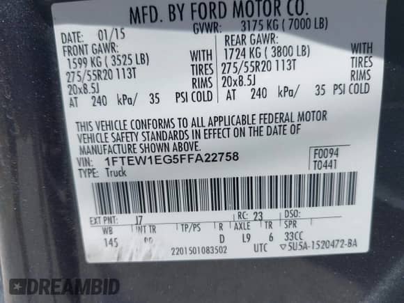 2015 Ford F-150 Platinum with VIN 1FTEW1EG5FFA22758, listed as a IAAI auction lot 42709555 with 138,475 mi miles and . Bid and sale history available at DreamBid. Image 9.