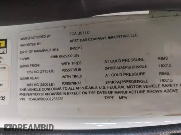 2012 Jeep Wrangler Arctic with VIN 1C4AJWBG9CL233232, listed as a IAAI auction lot 42282805 with 109,927 mi miles and . Bid and sale history available at DreamBid. Image 9.