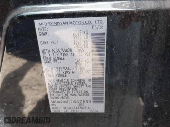 2018 Nissan Pathfinder S with VIN 5N1DR2MN7JC647693, listed as a IAAI auction lot 42150728 with 155,503 mi miles and . Bid and sale history available at DreamBid. Image 9.