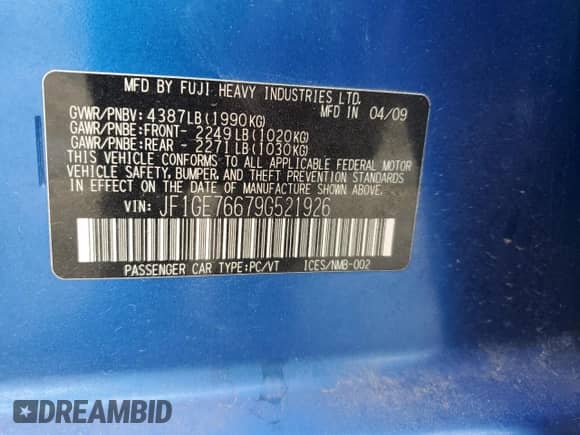 2009 Subaru WRX с VIN JF1GE76679G521926, выставлен на аукционе Copart как лот 70295435 с пробегом 167 994 миль миль и Списание • Salvage title. История ставок и продаж доступна на DreamBid. Изображение 12.