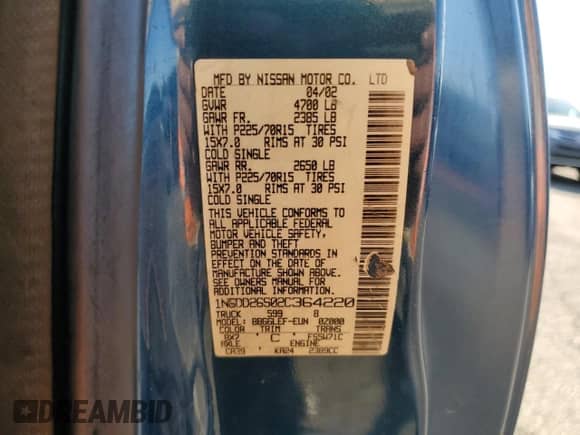 2002 Nissan Frontier XE with VIN 1N6DD26S02C364220, listed as a Copart auction lot 67273015 with 178,357 mi miles and Salvage title. Bid and sale history available at DreamBid. Image 13.