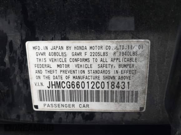 2002 Honda Accord EX with VIN JHMCG66012C018431, listed as a IAAI auction lot 41852093 with 139,665 mi miles and . Bid and sale history available at DreamBid. Image 9.