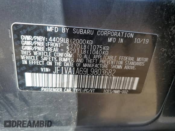 2020 Subaru WRX with VIN JF1VA1A69L9803682, listed as a Copart auction lot 69793515 with 73,150 mi miles and Salvage title. Bid and sale history available at DreamBid. Image 12.