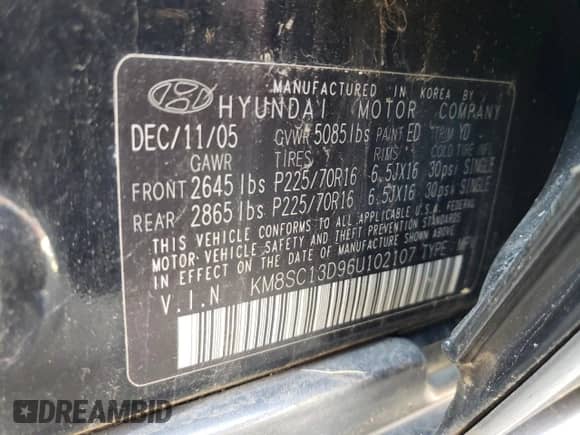 2006 Hyundai Santa Fe GLS с VIN KM8SC13D96U102107, выставлен на аукционе Copart как лот 55525594 с пробегом 198 741 миль миль и Списание • Salvage title. История ставок и продаж доступна на DreamBid. Изображение 12.