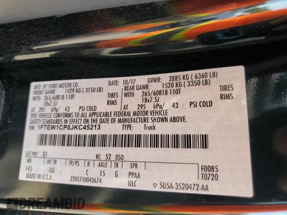 2018 Ford F-150 XL z VIN 1FTEW1CP0JKC45213, wystawiony jako Copart lot #65411955 z przebiegiem 107 315 mil mil oraz Szkoda całkowita • Salvage title. Historia ofert i sprzedaży dostępna na DreamBid. Obrazek 12.