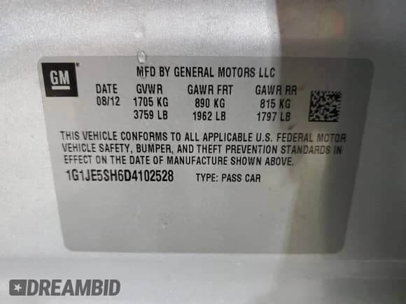 2013 Chevrolet Sonic LTZ with VIN 1G1JE5SH6D4102528, listed as a Copart auction lot 47419475 with 129,812 mi miles and Salvage title. Bid and sale history available at DreamBid. Image 15.