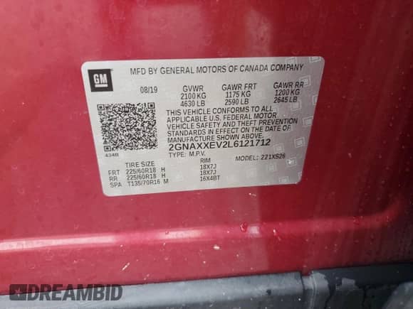 2020 Chevrolet Equinox Premier z VIN 2GNAXXEV2L6121712, wystawiony jako Copart lot #66229645 z przebiegiem 51 397 mil mil oraz Szkoda całkowita • Salvage title. Historia ofert i sprzedaży dostępna na DreamBid. Obrazek 13.