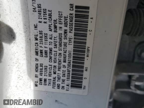 2013 Acura TL with VIN 19UUA8F28DA016941, listed as a Copart auction lot 85195545 with 245,836 mi miles and Salvage title. Bid and sale history available at DreamBid. Image 12.