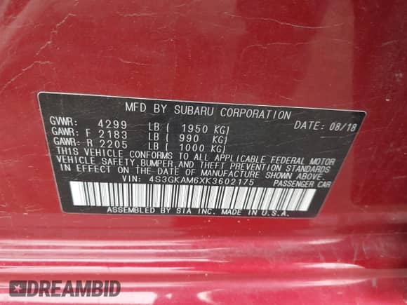 2019 Subaru Impreza Special Sports с VIN 4S3GKAM6XK3602175, выставлен на аукционе IAAI как лот 42352258 с пробегом 73 886 миль миль и . История ставок и продаж доступна на DreamBid. Изображение 9.