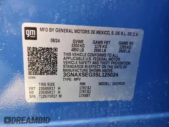 2025 Chevrolet Equinox AWD ACTIV с VIN 3GNAXSEG3SL125024, выставлен на аукционе Copart как лот 63097475 с пробегом 3 433 миль миль и Списание • Salvage title. История ставок и продаж доступна на DreamBid. Изображение 14.