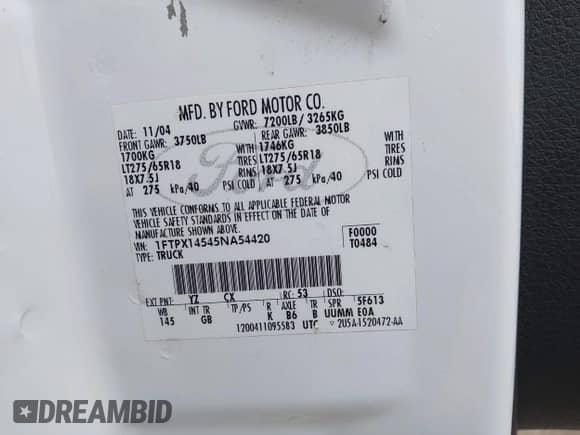 2005 Ford F-150 XLT z VIN 1FTPX14545NA54420, wystawiony jako IAAI lot #43323422 z przebiegiem 258 942 mil mil oraz . Historia ofert i sprzedaży dostępna na DreamBid. Obrazek 9.