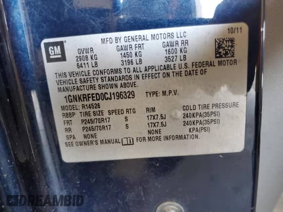 2012 Chevrolet Traverse LS с VIN 1GNKRFED0CJ196329, выставлен на аукционе Copart как лот 84535985 с пробегом 196 590 миль миль и Списание • Salvage title. История ставок и продаж доступна на DreamBid. Изображение 13.