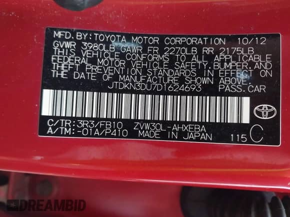 2013 Toyota Prius One с VIN JTDKN3DU7D1624693, выставлен на аукционе IAAI как лот 43310350 с пробегом 202 183 миль миль и . История ставок и продаж доступна на DreamBid. Изображение 9.