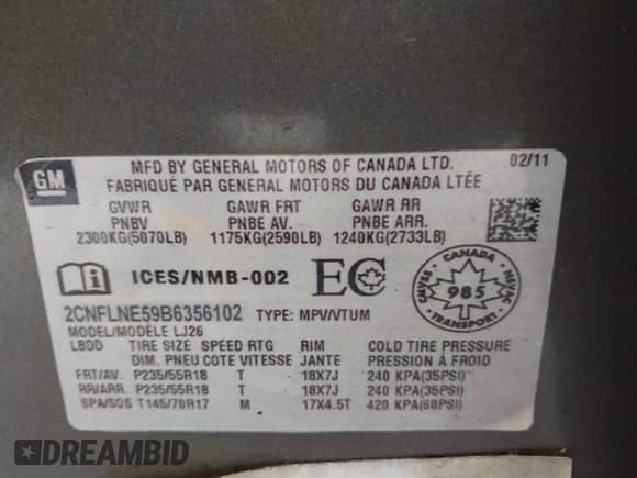 2011 Chevrolet Equinox 2LT with VIN 2CNFLNE59B6356102, listed as a IAAI auction lot 40822205 with 173,711 mi miles and . Bid and sale history available at DreamBid. Image 9.