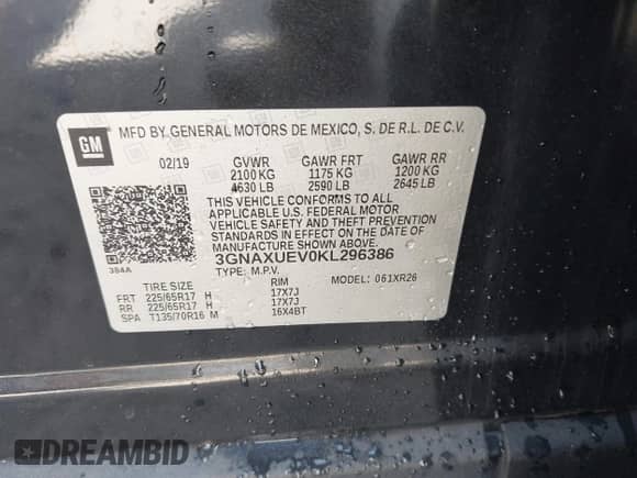 2019 Chevrolet Equinox LT с VIN 3GNAXUEV0KL296386, выставлен на аукционе IAAI как лот 43212340 с пробегом 79 752 миль миль и . История ставок и продаж доступна на DreamBid. Изображение 9.