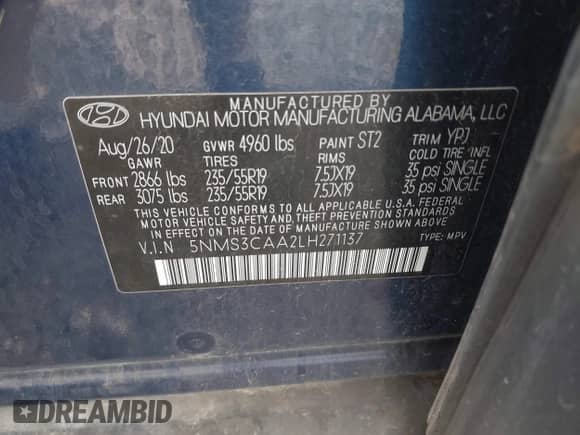 2020 Hyundai Santa Fe SEL с VIN 5NMS3CAA2LH271137, выставлен на аукционе IAAI как лот 42265244 с пробегом 39 874 миль миль и . История ставок и продаж доступна на DreamBid. Изображение 9.