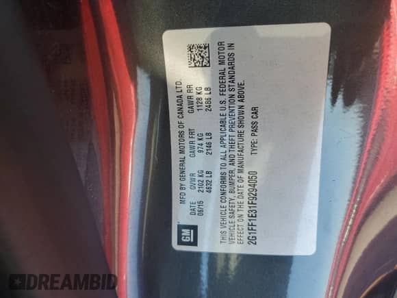 2015 Chevrolet Camaro LT с VIN 2G1FF1E31F9294050, выставлен на аукционе Copart как лот 87399225 с пробегом Не указан миль и Списание • Salvage title. История ставок и продаж доступна на DreamBid. Изображение 12.