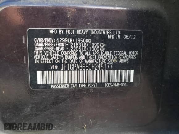 2012 Subaru Impreza Premium with VIN JF1GPAB65CH245177, listed as a Copart auction lot 85378755 with 170,152 mi miles and Clean title. Bid and sale history available at DreamBid. Image 12.