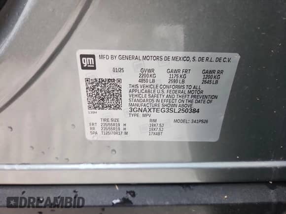 2025 Chevrolet Equinox AWD RS с VIN 3GNAXTEG3SL250384, выставлен на аукционе Copart как лот 69202305 с пробегом 5 709 миль миль и На запчасти • Non repairable. История ставок и продаж доступна на DreamBid. Изображение 13.