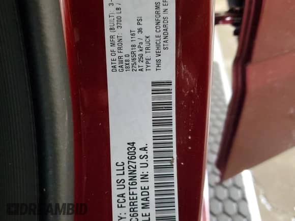 2022 Ram 1500 Big Horn с VIN 1C6RREFT6NN276034, выставлен на аукционе Copart как лот 61412345 с пробегом 54 525 миль миль и Списание • Salvage title. История ставок и продаж доступна на DreamBid. Изображение 13.