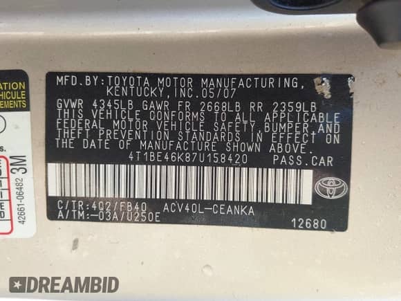 2007 Toyota Camry CE с VIN 4T1BE46K87U158420, выставлен на аукционе IAAI как лот 43396714 с пробегом 221 685 миль миль и . История ставок и продаж доступна на DreamBid. Изображение 9.