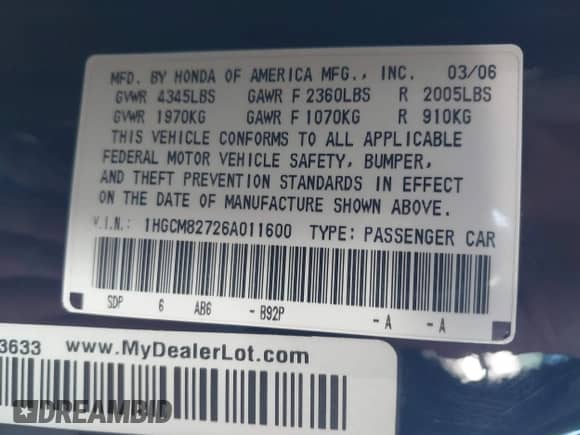 2006 Honda Accord EX-L z VIN 1HGCM82726A011600, wystawiony jako IAAI lot #41631293 z przebiegiem 281 466 mil mil oraz . Historia ofert i sprzedaży dostępna na DreamBid. Obrazek 9.