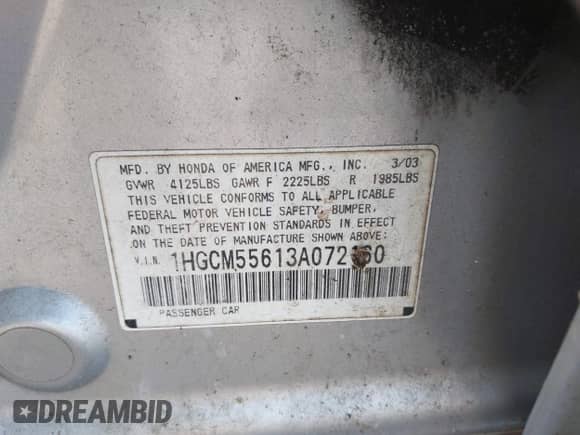 2003 Honda Accord EX z VIN 1HGCM55613A072160, wystawiony jako IAAI lot #41948285 z przebiegiem Nie podano mil oraz . Historia ofert i sprzedaży dostępna na DreamBid. Obrazek 9.