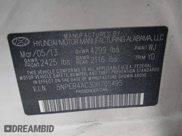 2013 Hyundai Sonata GLS with VIN 5NPEB4AC3DH705495, listed as a IAAI auction lot 42613197 with 116,036 mi miles and . Bid and sale history available at DreamBid. Image 9.