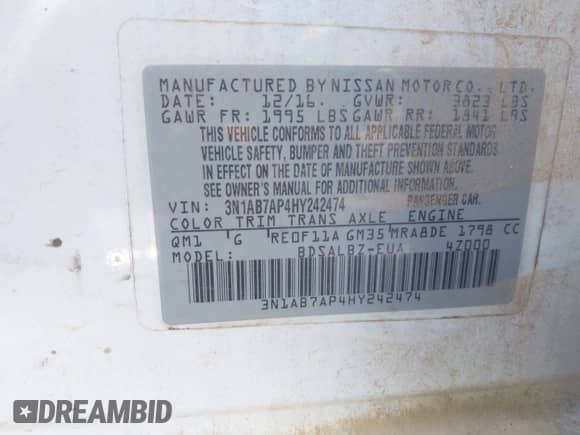 2017 Nissan Sentra SR с VIN 3N1AB7AP4HY242474, выставлен на аукционе IAAI как лот 43288793 с пробегом 233 433 миль миль и . История ставок и продаж доступна на DreamBid. Изображение 9.