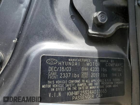 2004 Hyundai Sonata z VIN KMHWF25S24A013665, wystawiony jako Copart lot #59842295 z przebiegiem 198 039 mil mil oraz Nie do naprawy • Non repairable. Historia ofert i sprzedaży dostępna na DreamBid. Obrazek 12.