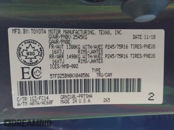 2019 Toyota Tacoma SR5 с VIN 5TFDZ5BN0KX040506, выставлен на аукционе IAAI как лот 43100664 с пробегом 143 995 миль миль и . История ставок и продаж доступна на DreamBid. Изображение 9.