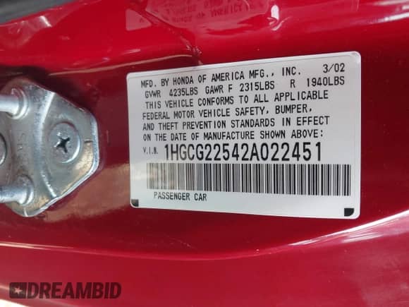 2002 Honda Accord EX with VIN 1HGCG22542A022451, listed as a IAAI auction lot 43479644 with 57,629 mi miles and . Bid and sale history available at DreamBid. Image 9.