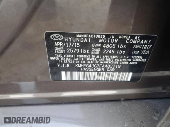 2015 Hyundai Azera with VIN KMHFG4JG7FA483719, listed as a Copart auction lot 80780064 with 112,629 mi miles and Salvage title. Bid and sale history available at DreamBid. Image 14.