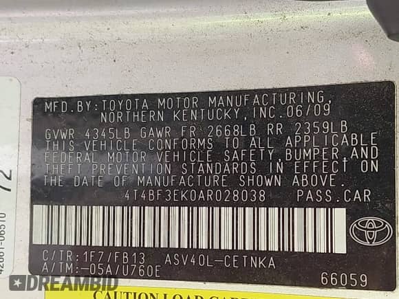 2010 Toyota Camry with VIN 4T4BF3EK0AR028038, listed as a IAAI auction lot 42829723 with 172,160 mi miles and . Bid and sale history available at DreamBid. Image 9.