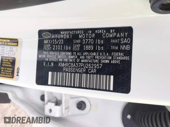 2023 Hyundai Venue Limited with VIN KMHRC8A37PU262957, listed as a IAAI auction lot 42491098 with 23,158 mi miles and . Bid and sale history available at DreamBid. Image 9.