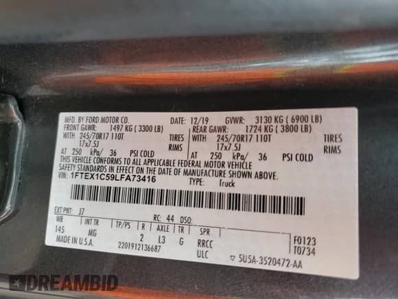 2020 Ford F-150 XLT z VIN 1FTEX1C59LFA73416, wystawiony jako Copart lot #69593015 z przebiegiem 161 780 mil mil oraz Czysty tytuł • Clean title. Historia ofert i sprzedaży dostępna na DreamBid. Obrazek 12.