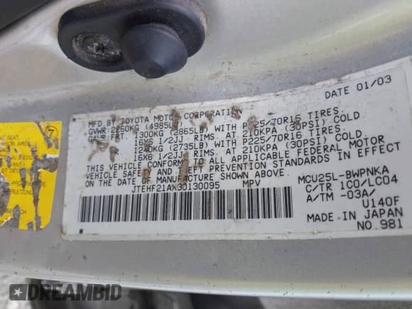 2003 Toyota Highlander с VIN JTEHF21AX30130095, выставлен на аукционе IAAI как лот 42879288 с пробегом 230 752 миль миль и . История ставок и продаж доступна на DreamBid. Изображение 9.