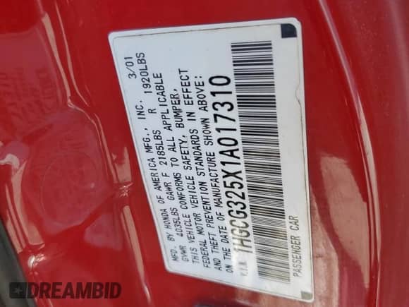 2001 Honda Accord EX with VIN 1HGCG325X1A017310, listed as a Copart auction lot 65993375 with 321,287 mi miles and Clean title. Bid and sale history available at DreamBid. Image 12.