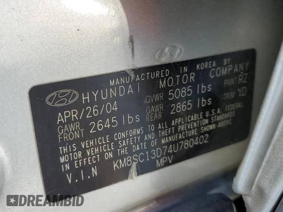 2004 Hyundai Santa Fe GLS с VIN KM8SC13D74U780402, выставлен на аукционе Copart как лот 42432745 с пробегом 150 943 миль миль и Списание • Salvage title. История ставок и продаж доступна на DreamBid. Изображение 13.